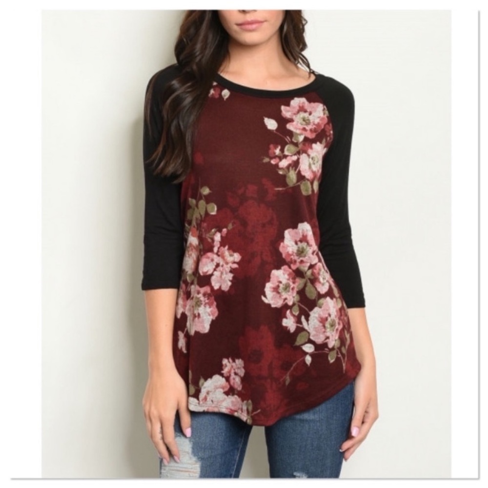 Deep wine floral baseball tee